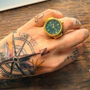 Women's Gold Watch Ring with Green Dial